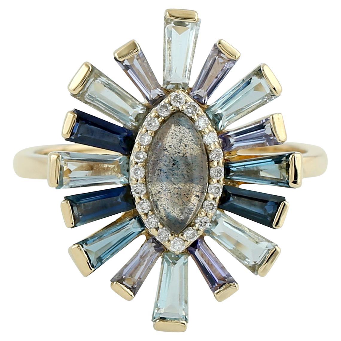 Multi Gemstone Baguette Evil Eye Ring With Diamonds Made In 18k Yellow Gold