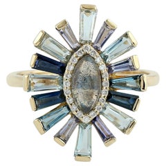 Anillo Multi Gema Baguette Mal de Ojo Con Diamantes Fabricado En Oro Amarillo De 18k