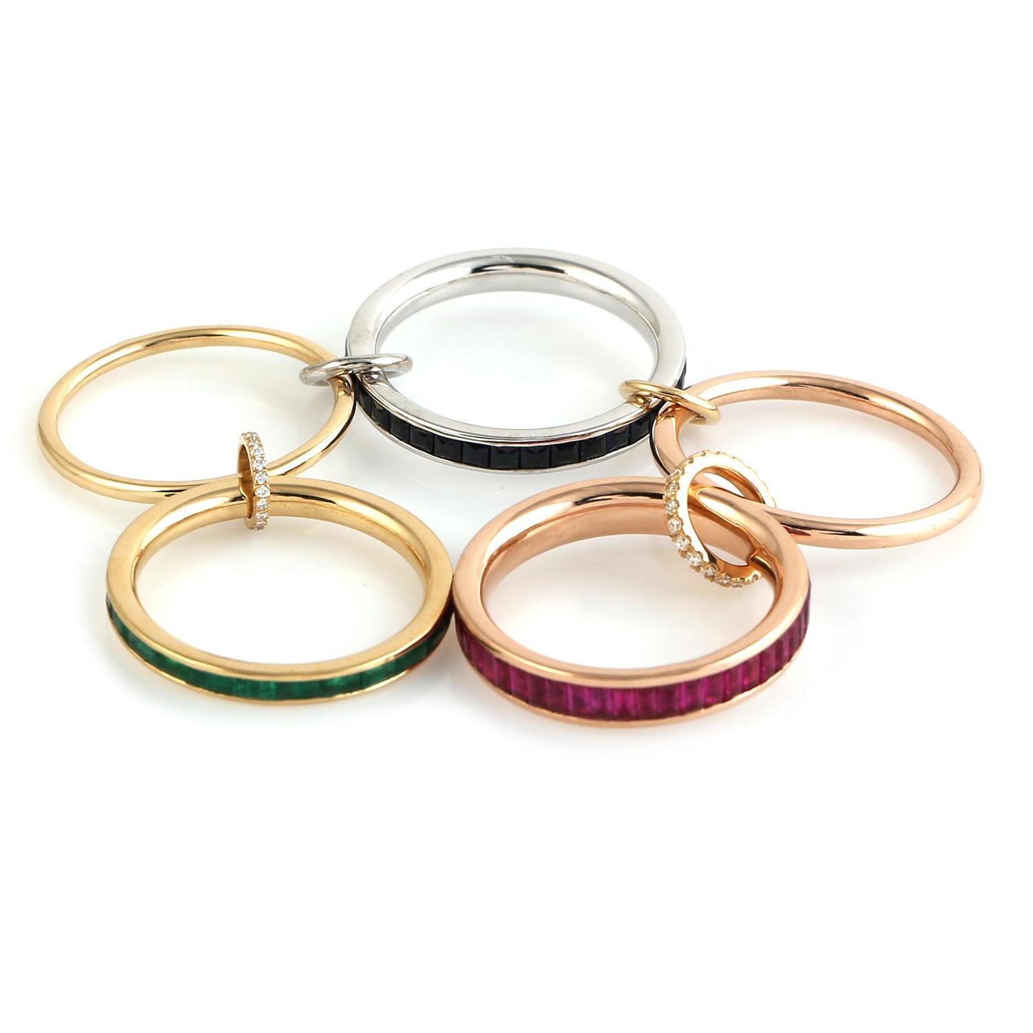 Anillo eslabonado multigema baguette con diamantes de oro blanco de 18k Artesano en venta