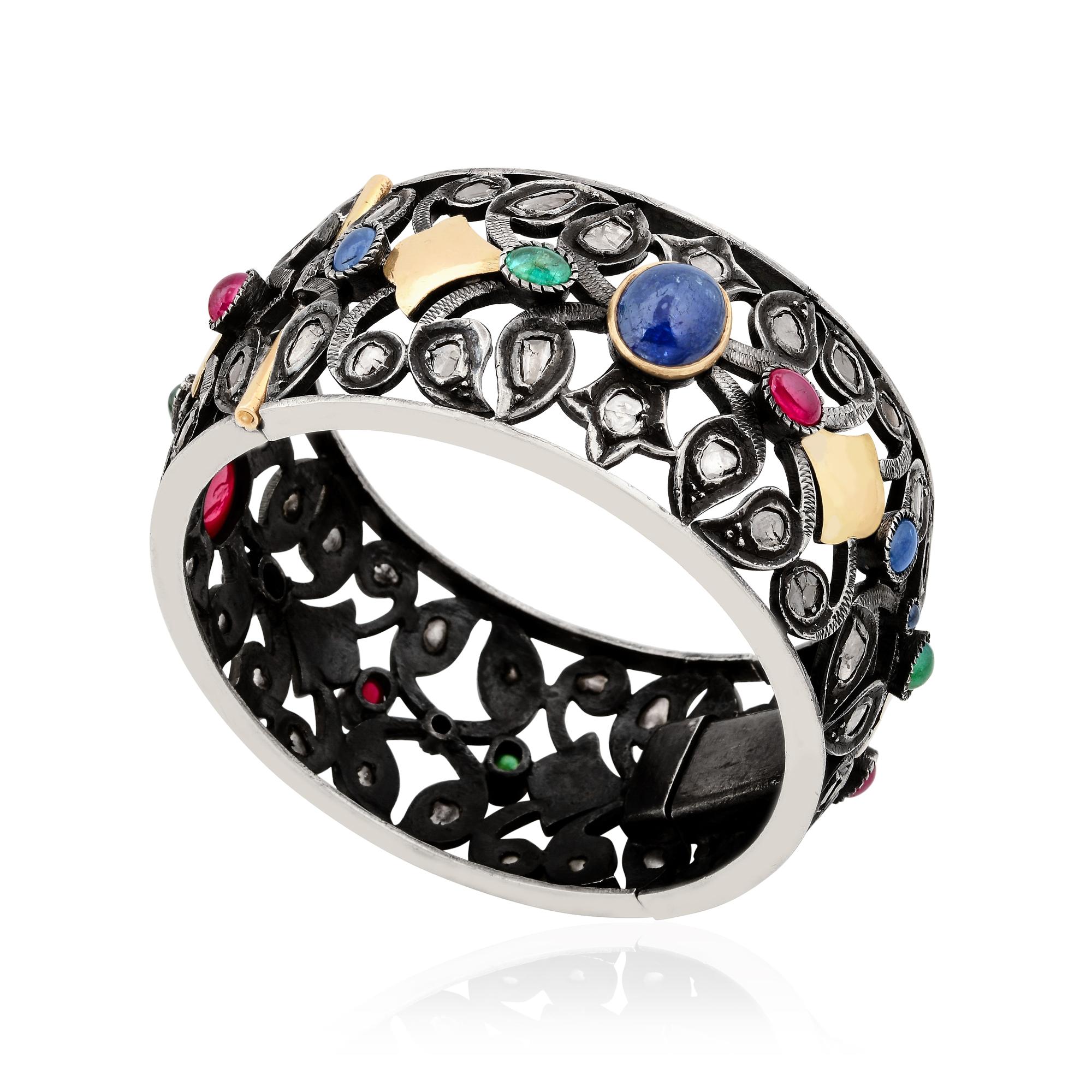 Multi Gemstone Bangle Diamond Bracelet 18 Karat Gold Silver Handmade