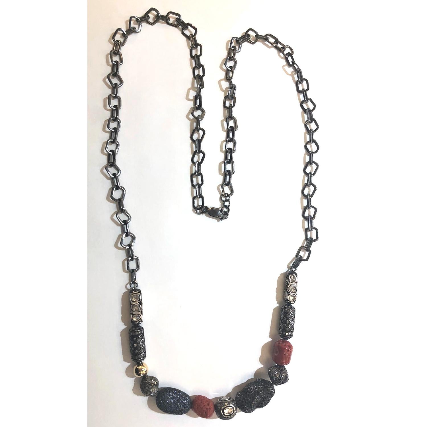 Mixed Cut Multi Gemstone Beaded Link Necklace with Diamonds Made in Silver For Sale