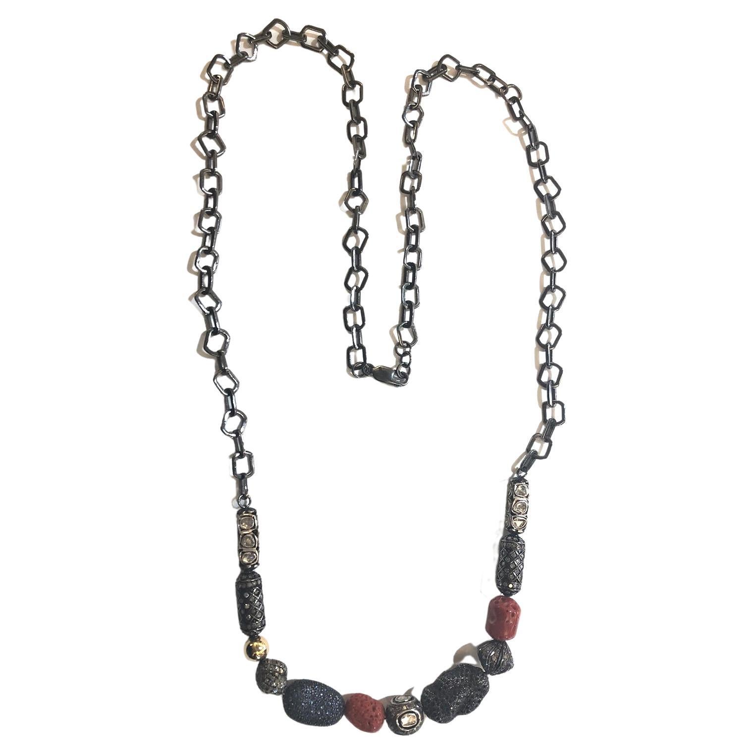 Multi Gemstone Beaded Link Necklace with Diamonds Made in Silver