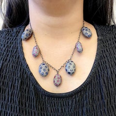 Sapphire and Ruby Nugget Shape Pave Diamond Beads Necklace