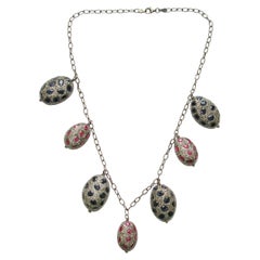 Sapphire and Ruby Nugget Shape Pave Diamond Beads Necklace