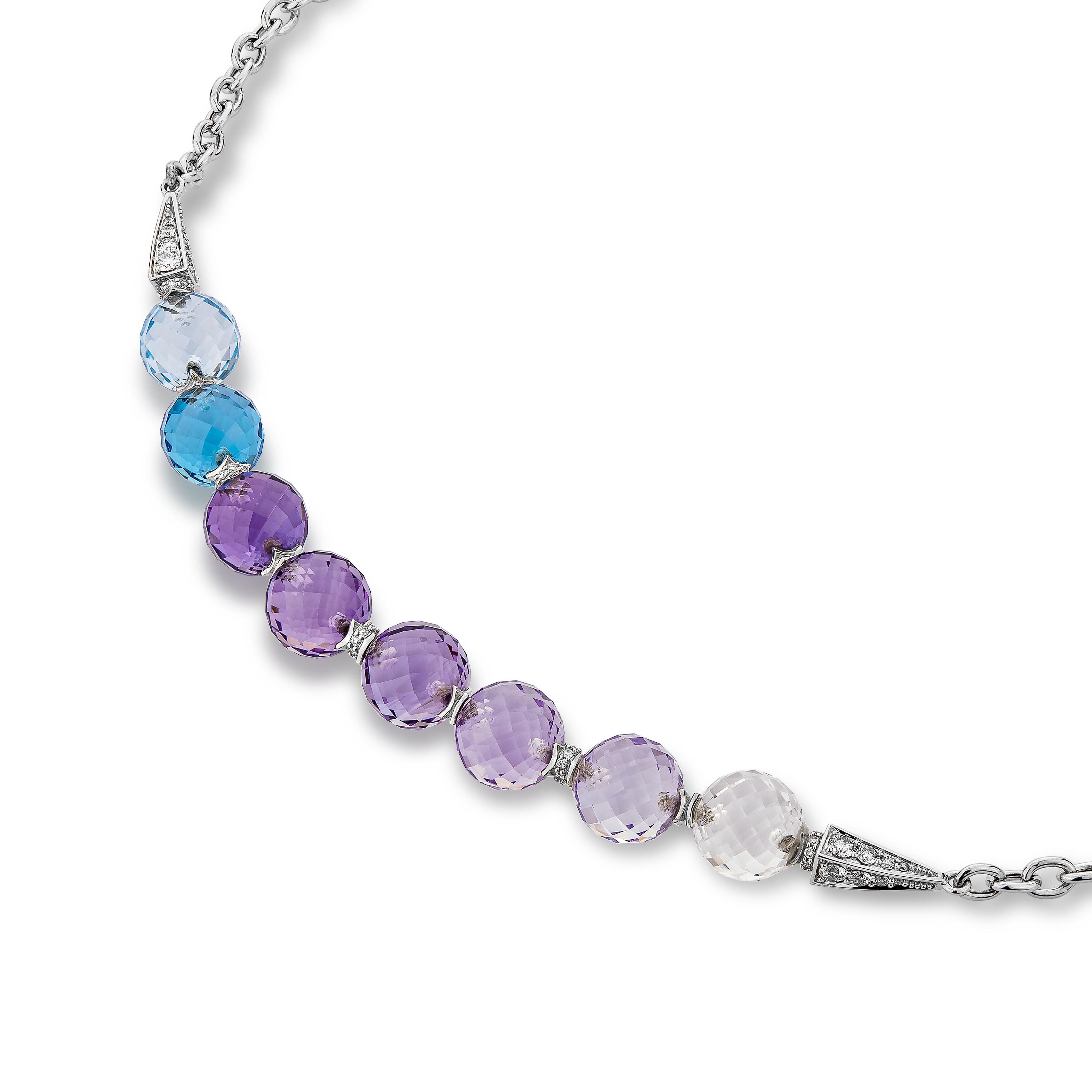 Women's or Men's Multi Gemstone Beads Twilight Necklace in 18 Karat White Gold For Sale