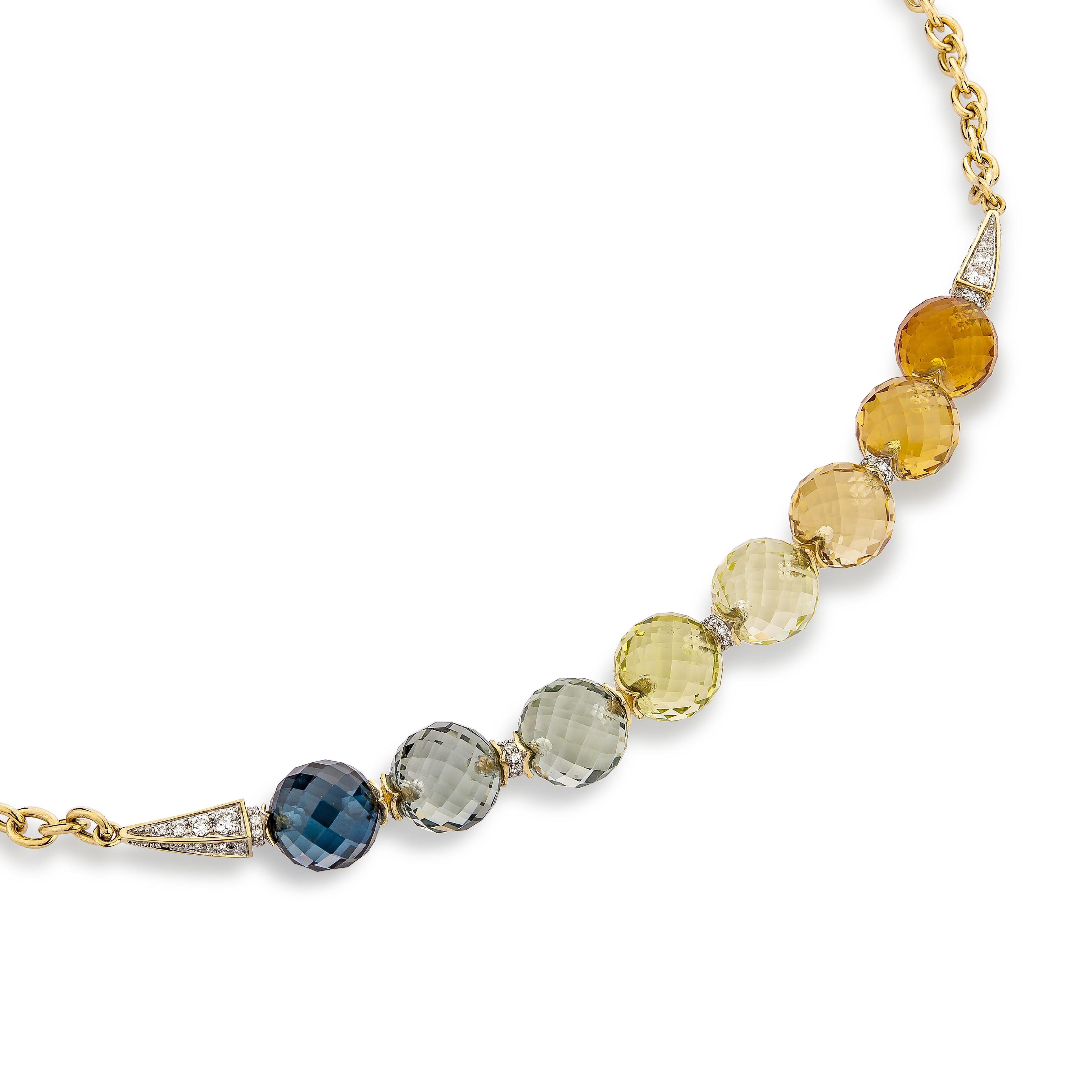 Modern Multi Gemstone Beads Twilight Necklace in 18 Karat Yellow Gold For Sale