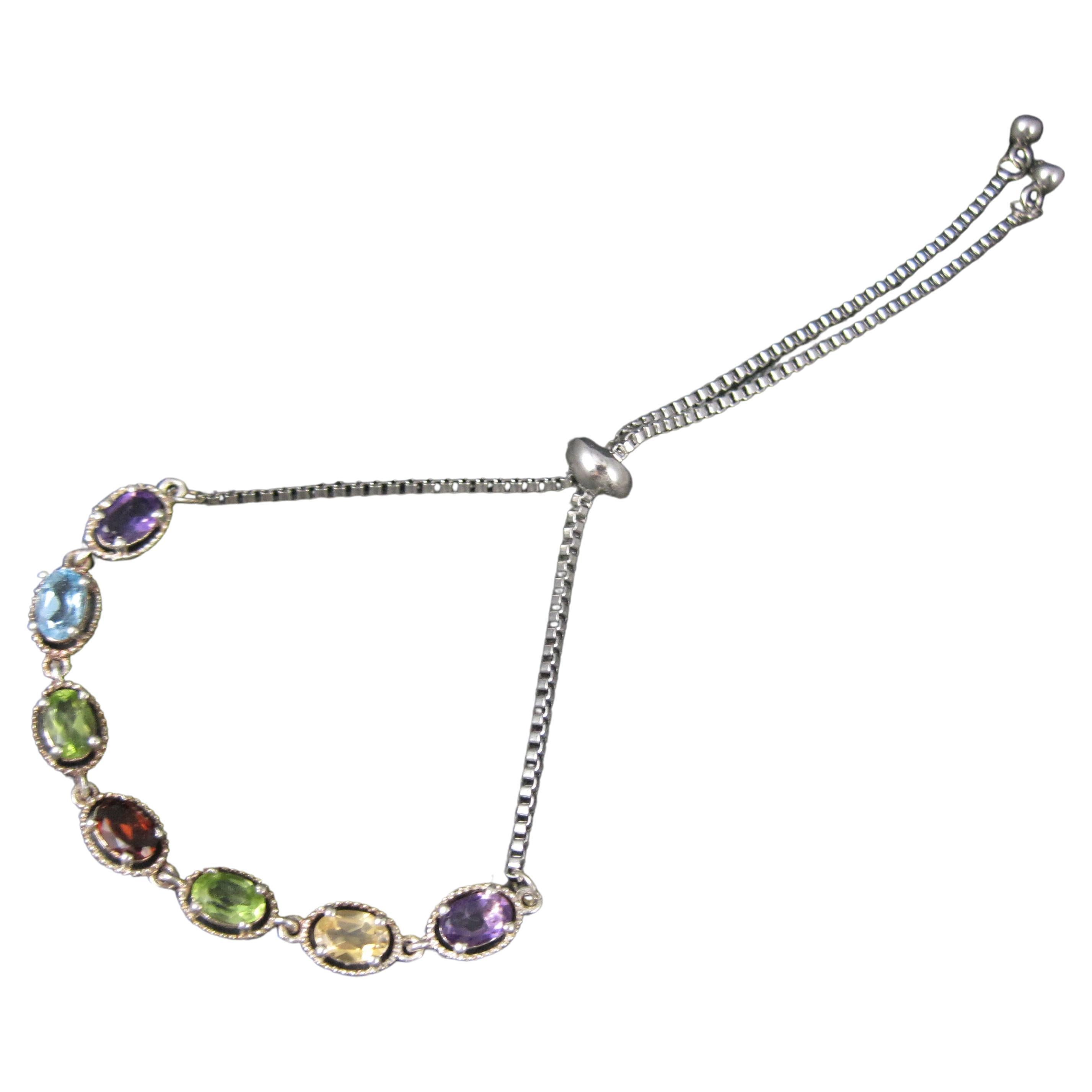 Multi Gemstone Bolo Bracelet Sterling Silver