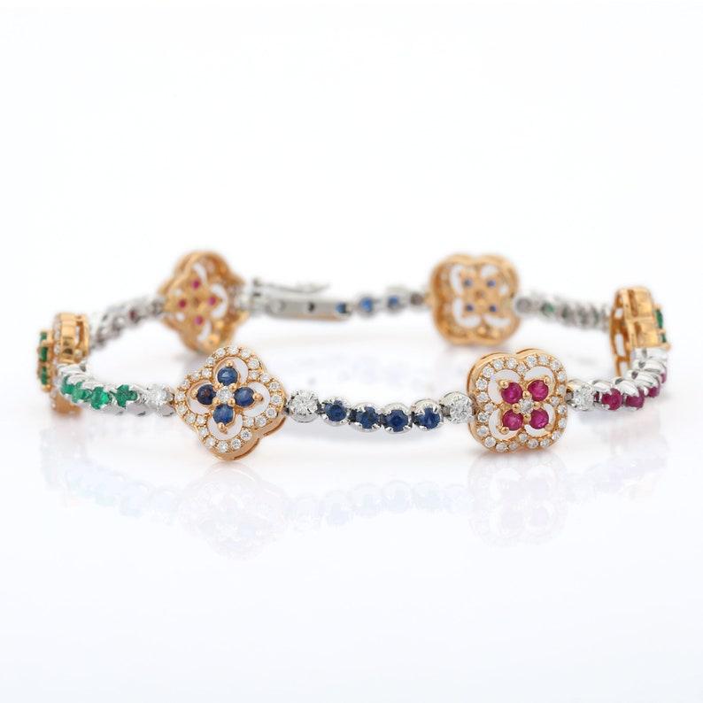 Unique 18k Yellow Gold Diamond Ruby Sapphire Emerald Clover Charm Bracelet In New Condition For Sale In Houston, TX