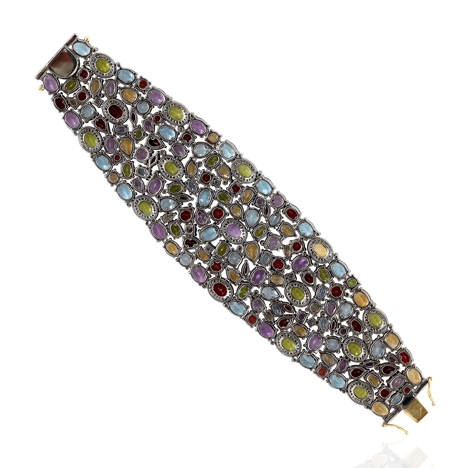 Contemporary Multi Gemstone Bracelet With Diamonds Made In 18k Gold For Sale