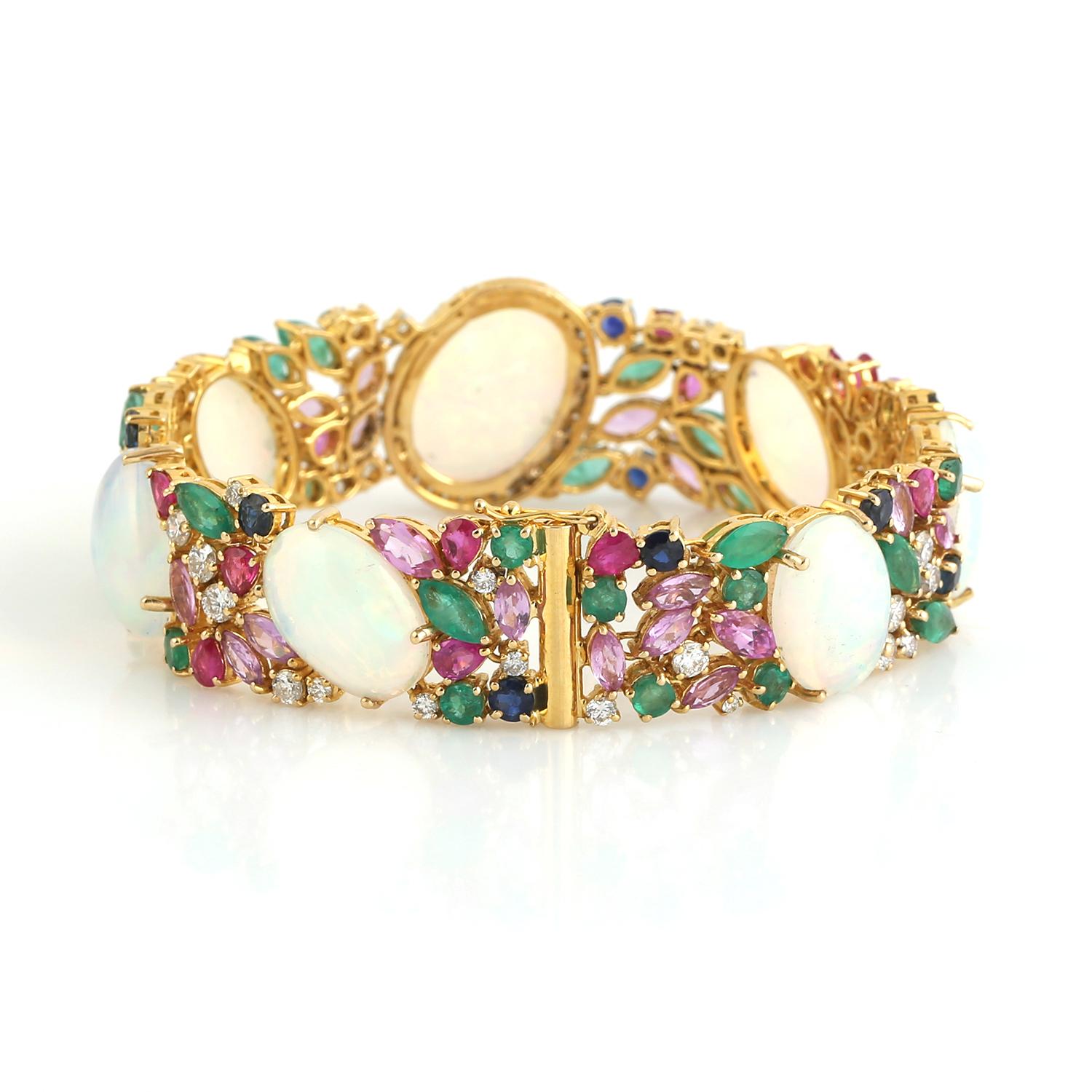 Contemporary Multi Gemstone Bracelet With Opal & Diamonds Made In 18k Yellow Gold For Sale
