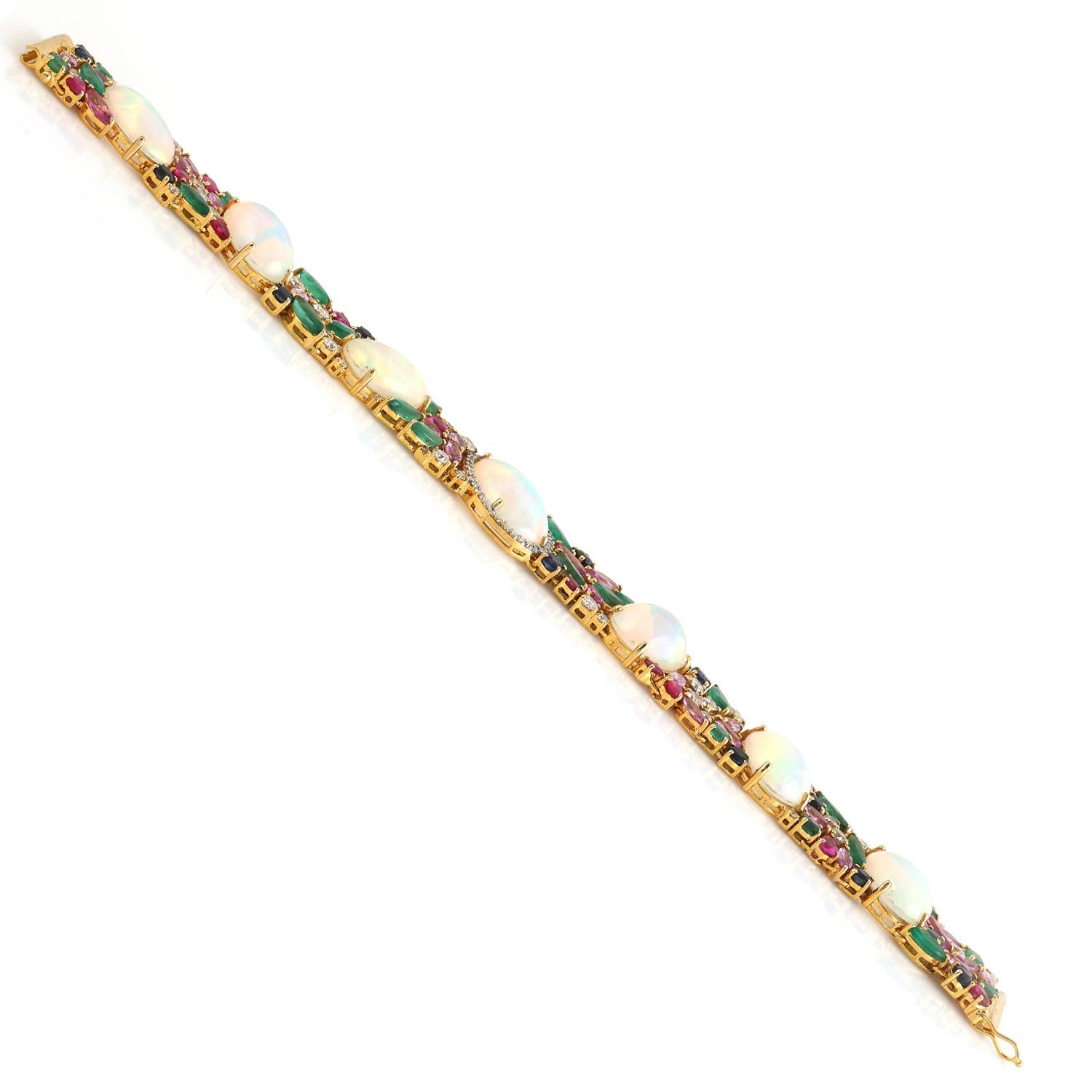Mixed Cut Multi Gemstone Bracelet With Opal & Diamonds Made In 18k Yellow Gold For Sale