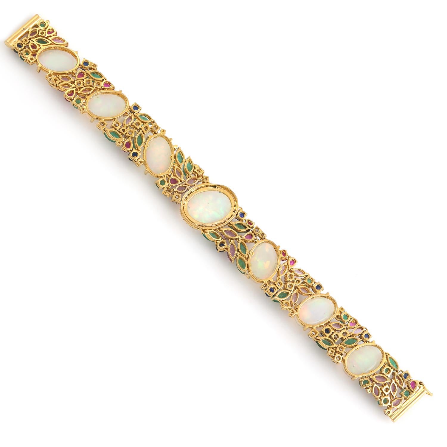 Multi Gemstone Bracelet With Opal & Diamonds Made In 18k Yellow Gold In New Condition For Sale In New York, NY