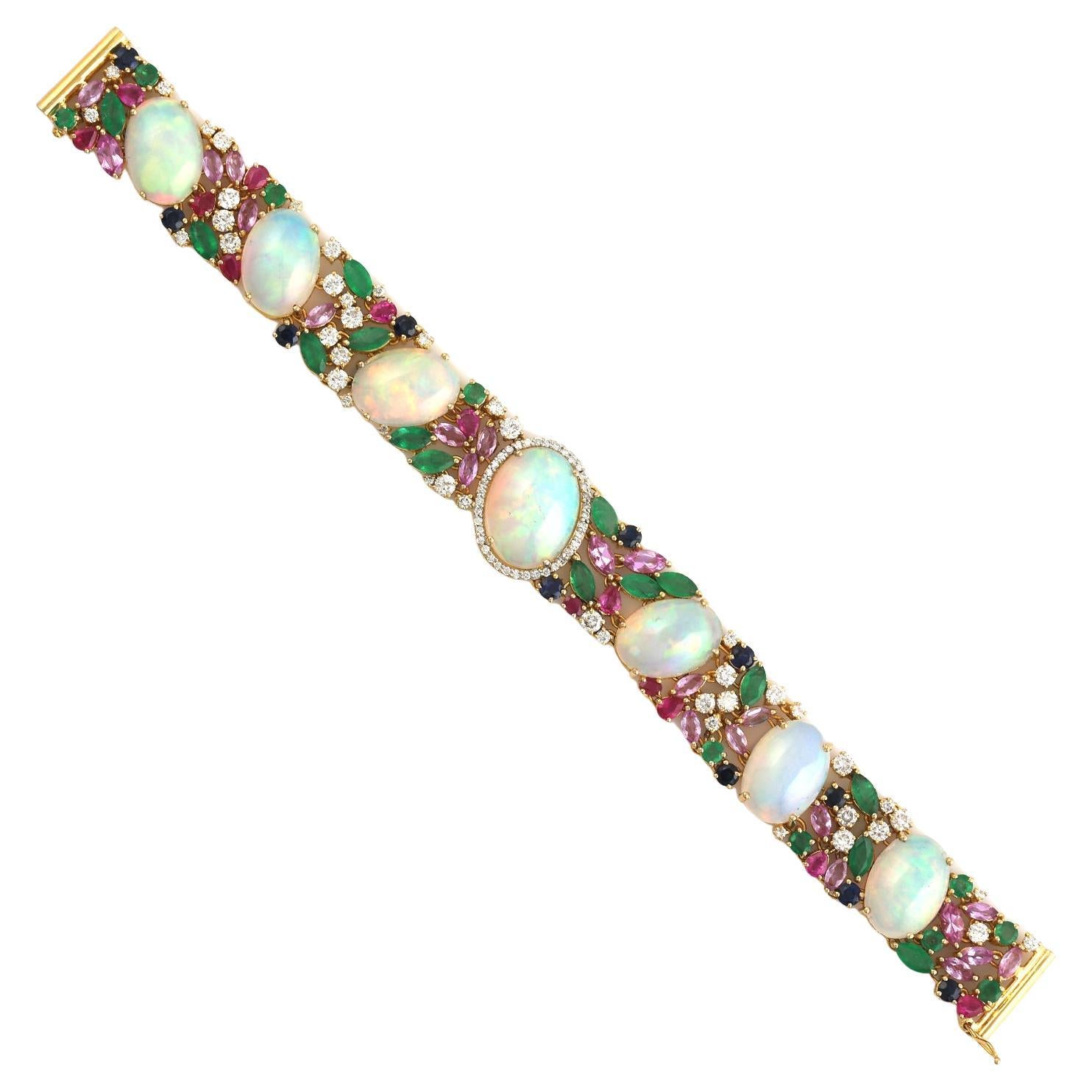 Multi Gemstone Bracelet With Opal & Diamonds Made In 18k Yellow Gold