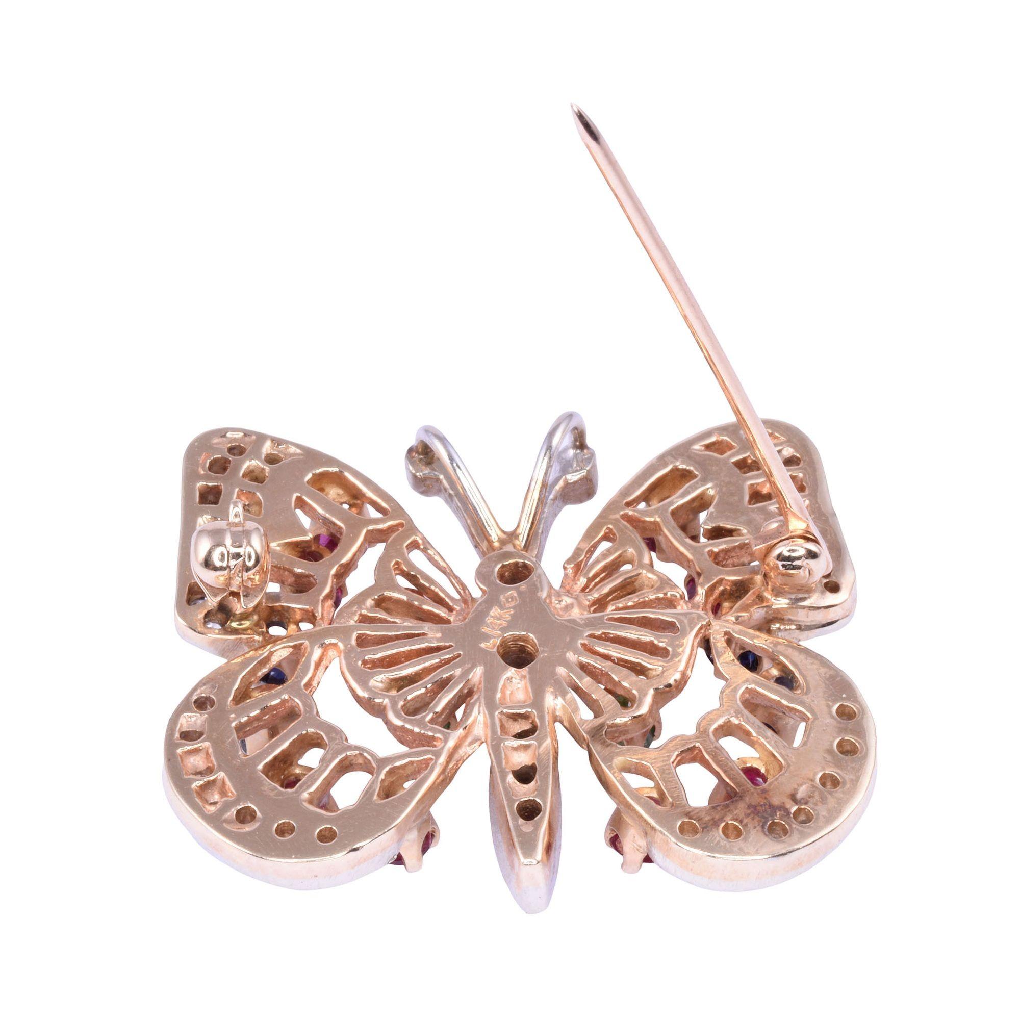 Round Cut Multi Gemstone Butterfly Pin or Pendant For Sale