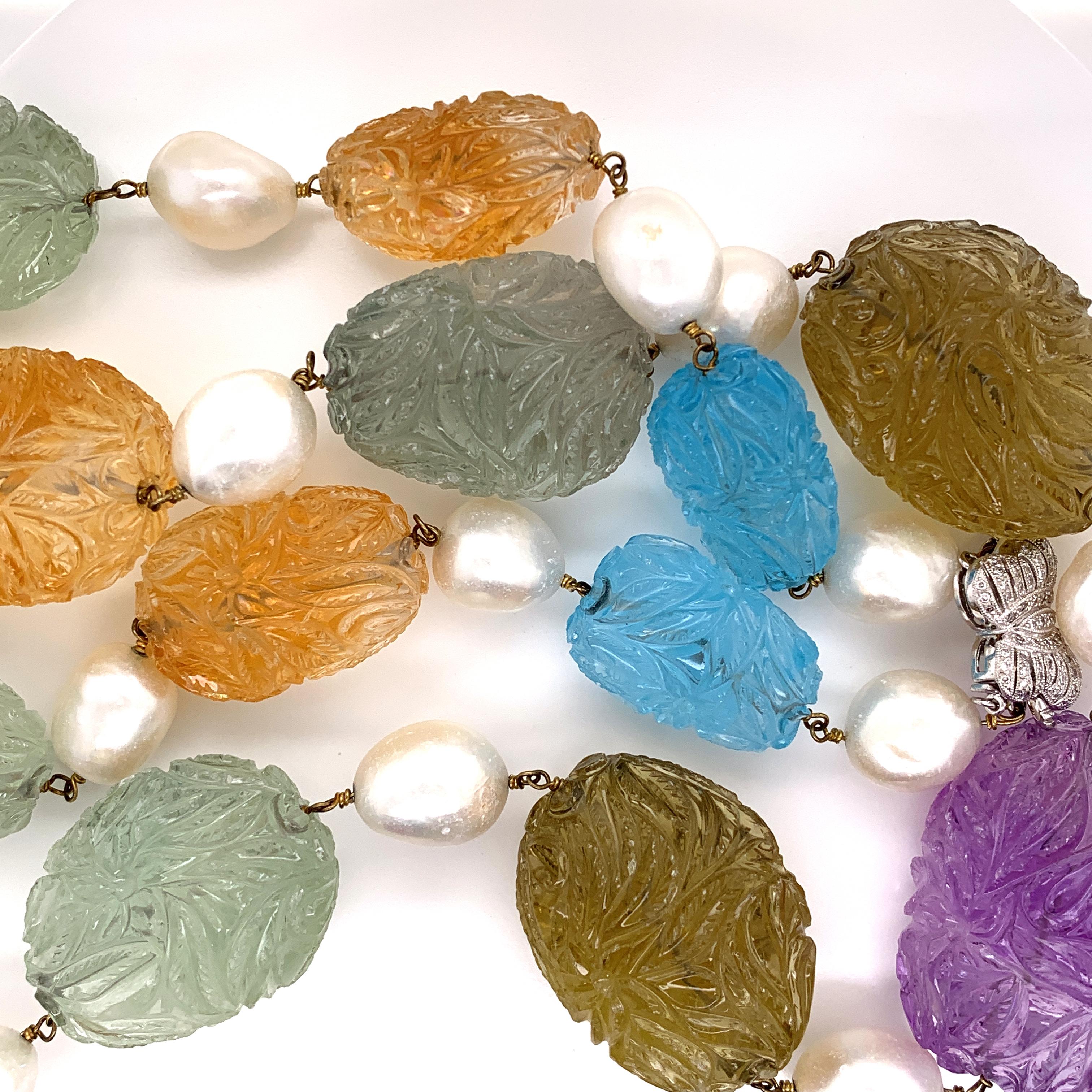 Multi-Gemstone Carved Beads, Cultured Pearl, and White Diamond Gold Necklace In New Condition For Sale In Hong Kong, HK