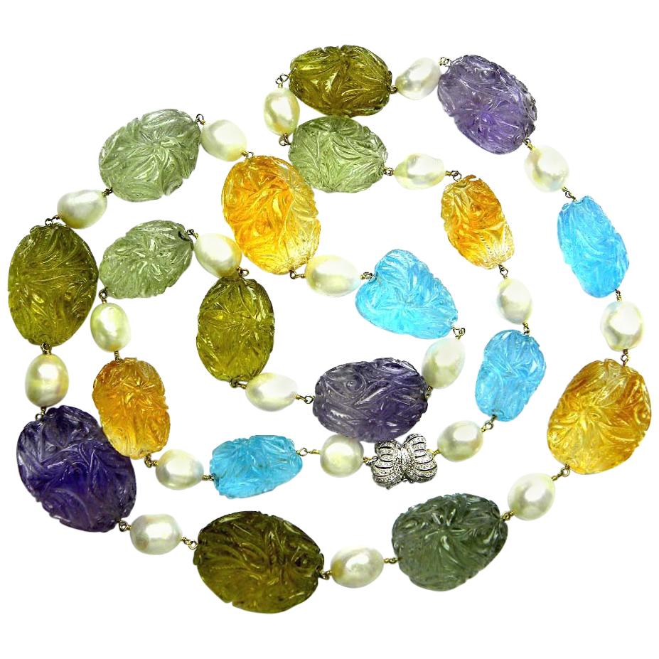 Multi-Gemstone Carved Beads, Cultured Pearl, and White Diamond Gold Necklace
