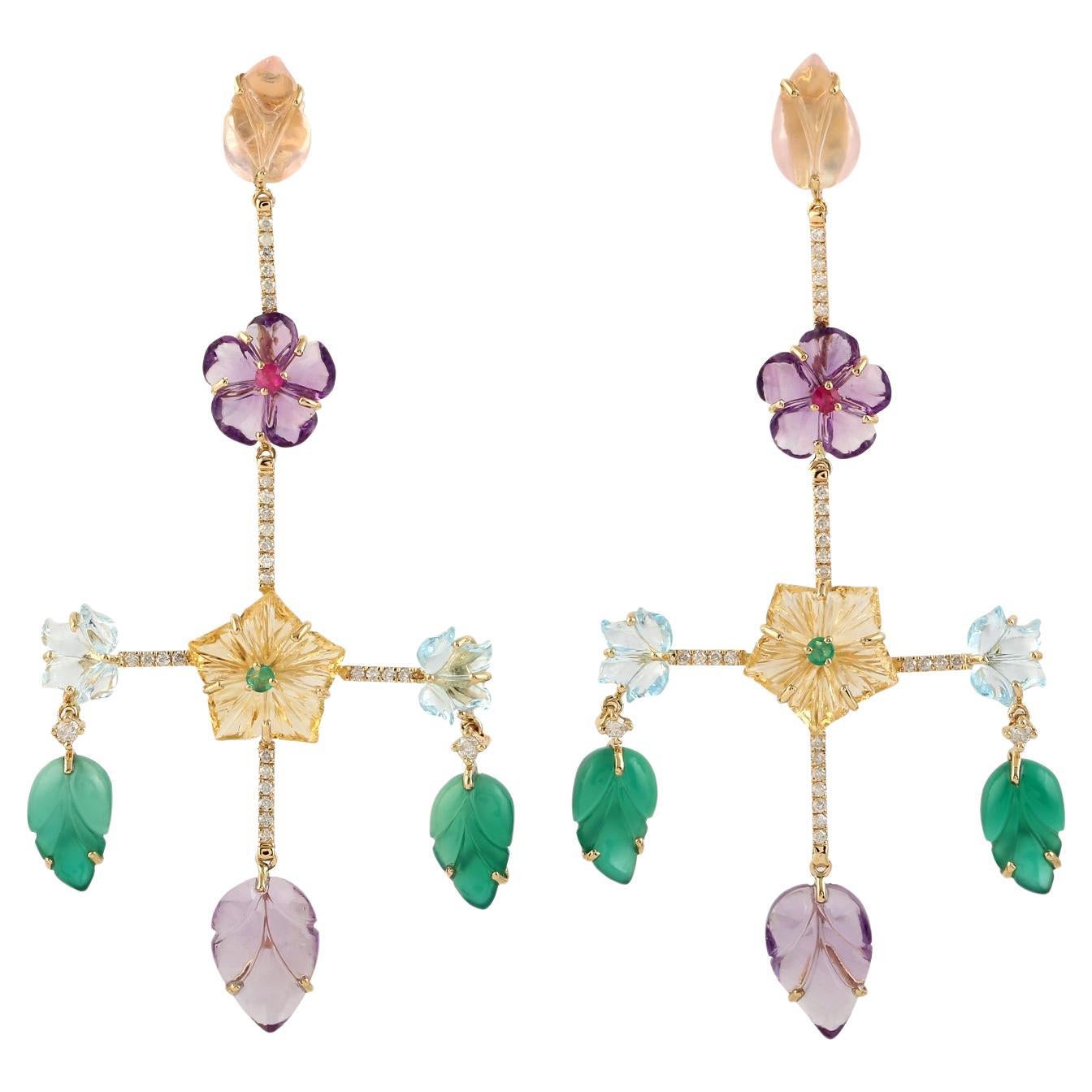 Multi Gemstone Carved Flower Chandelier Earring With Diamonds In 18K Yellow Gold For Sale