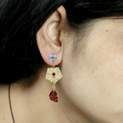 Multi Gemstone Carving Flower Dangle Earrings Made In 18k Yellow Gold