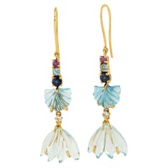 Multi Gemstone Carvings Dangle Earrings Made In 18k Yellow Gold