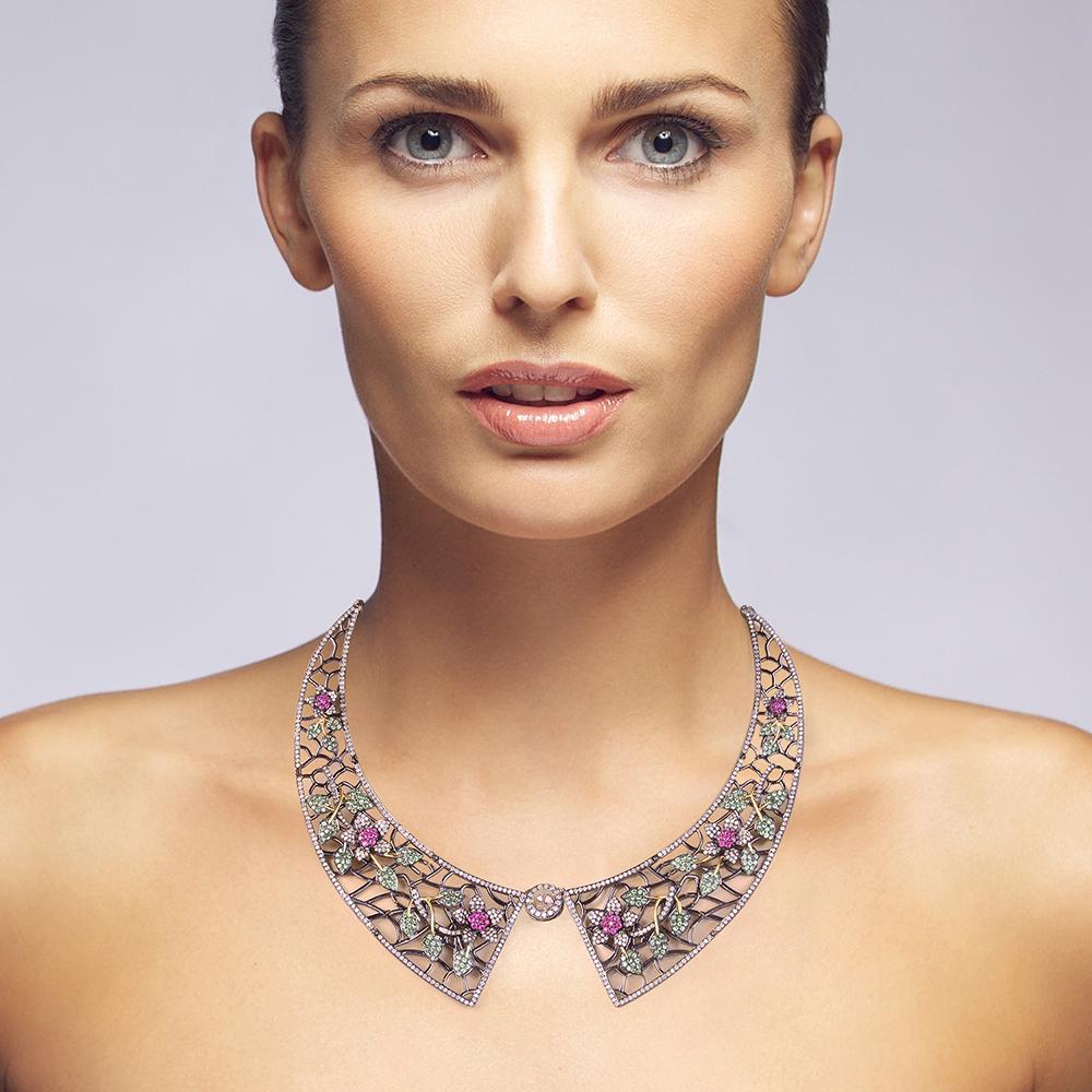 Contemporary Multi Gemstone Chain Necklace With Diamonds Made In 18k White Gold & Silver For Sale