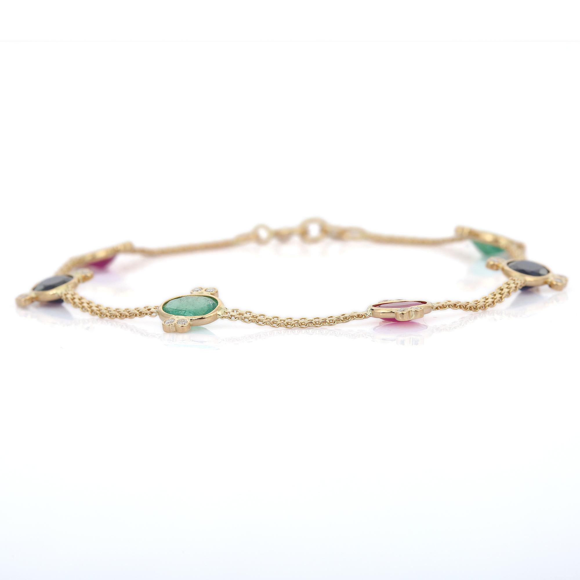Multi Gemstone Chain Bracelet in 18K Yellow Gold In New Condition For Sale In Houston, TX