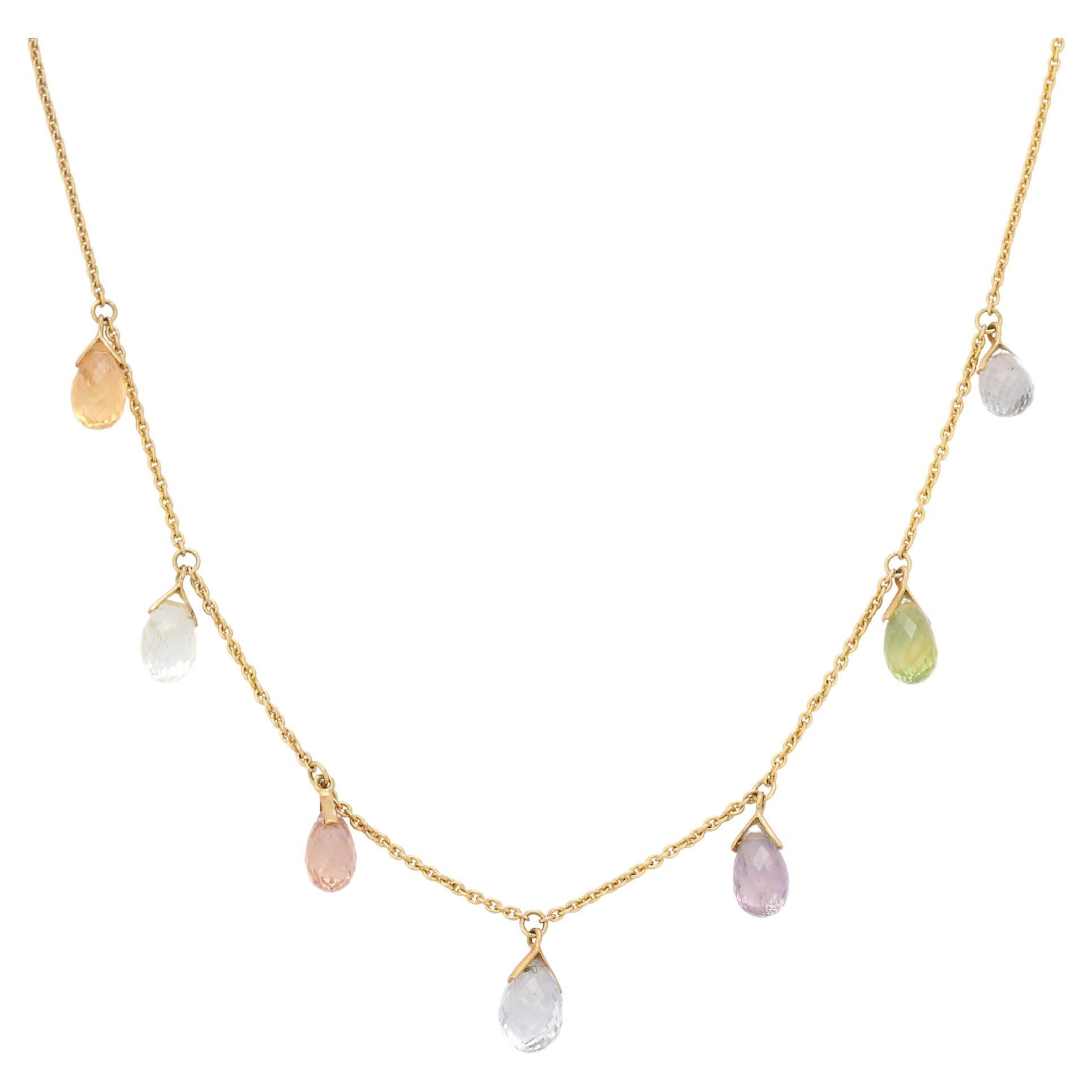 Modern Multi Gemstone Charm Drop Layering Necklace in 18K Yellow Gold  For Sale