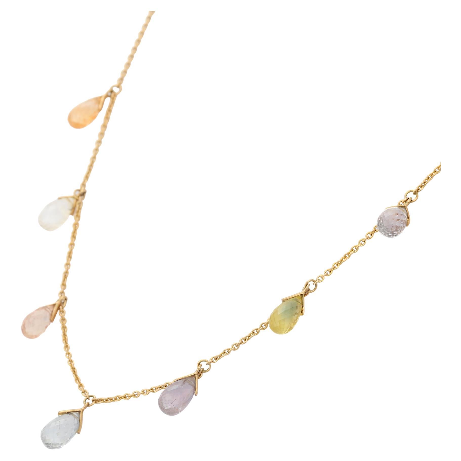 Multi Gemstone Charm Drop Layering Necklace in 18K Yellow Gold  For Sale
