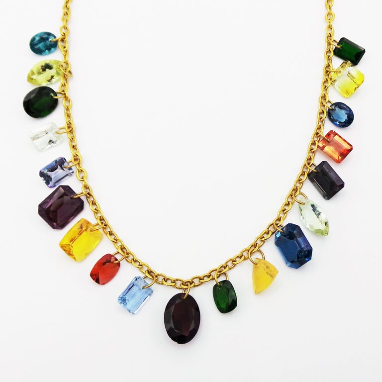 MultiGemstone Charm 22k Gold Chain Necklace For Sale at 1stDibs