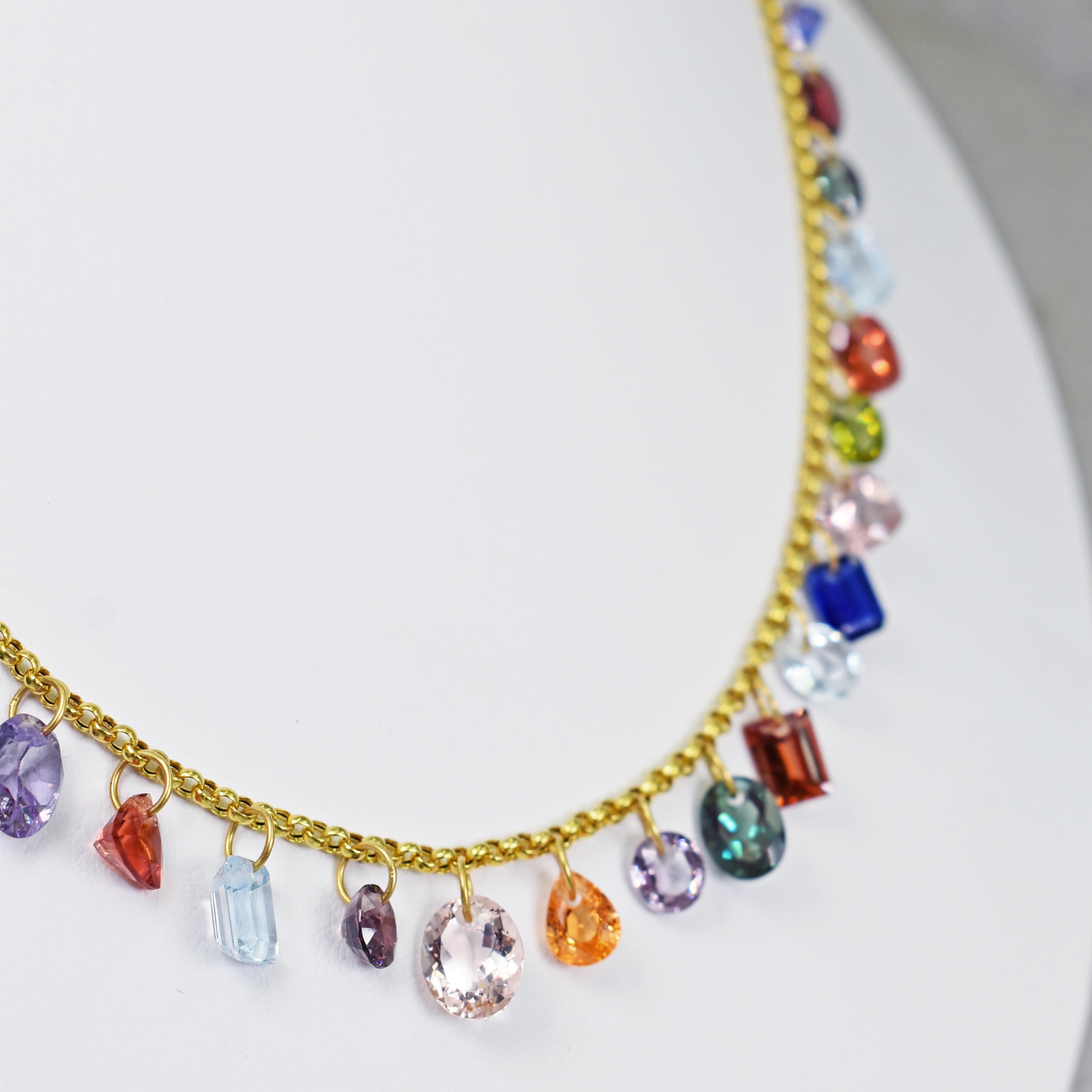 Contemporary Multi-Gemstone Charm Gold Chain Necklace For Sale