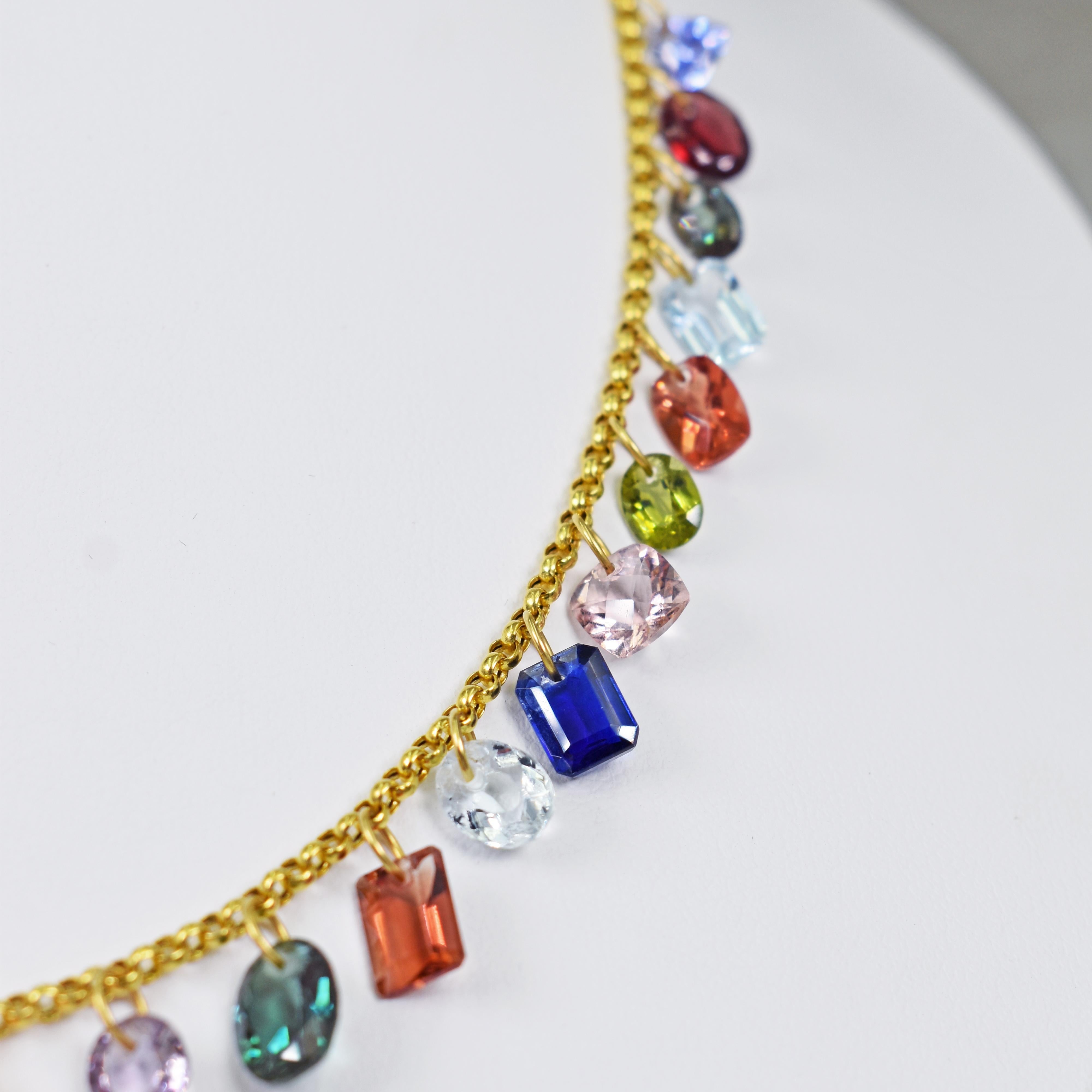 Multi-Gemstone Charm Gold Chain Necklace In New Condition For Sale In Naples, FL