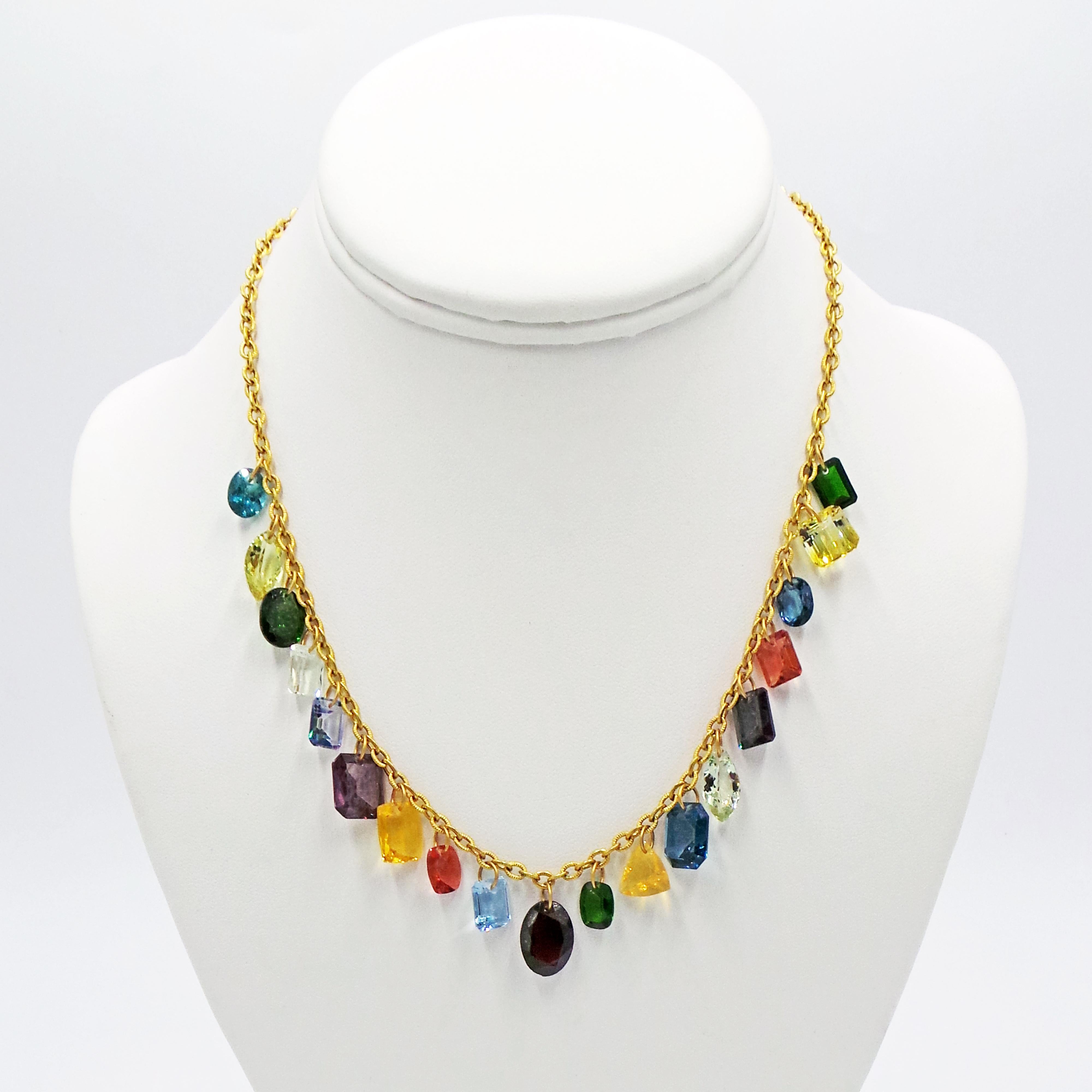 Multi-Gemstone Charm 22k Gold Chain Necklace In New Condition For Sale In Naples, FL