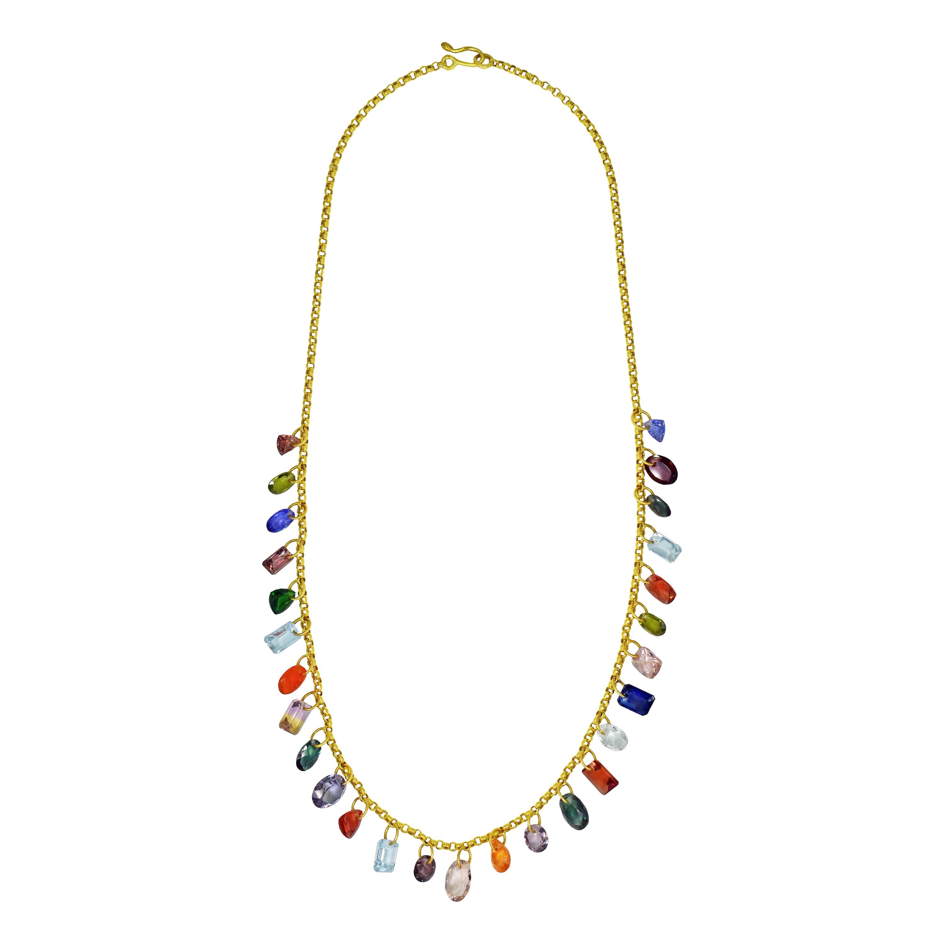 Multi-Gemstone Charm Gold Chain Necklace For Sale