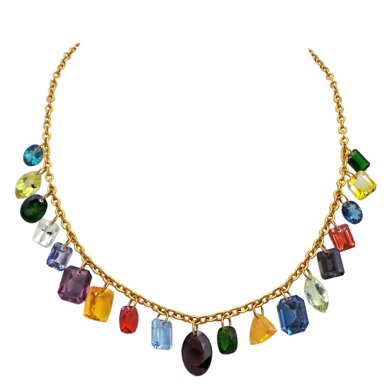 Multi-Gemstone Charm 22k Gold Chain Necklace For Sale at 1stDibs