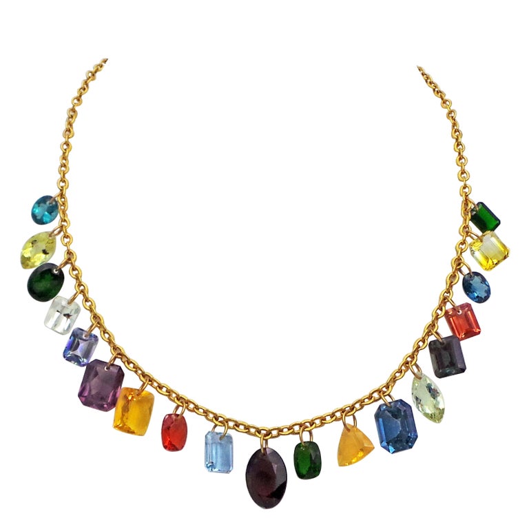 MultiGemstone Charm 22k Gold Chain Necklace For Sale at 1stDibs