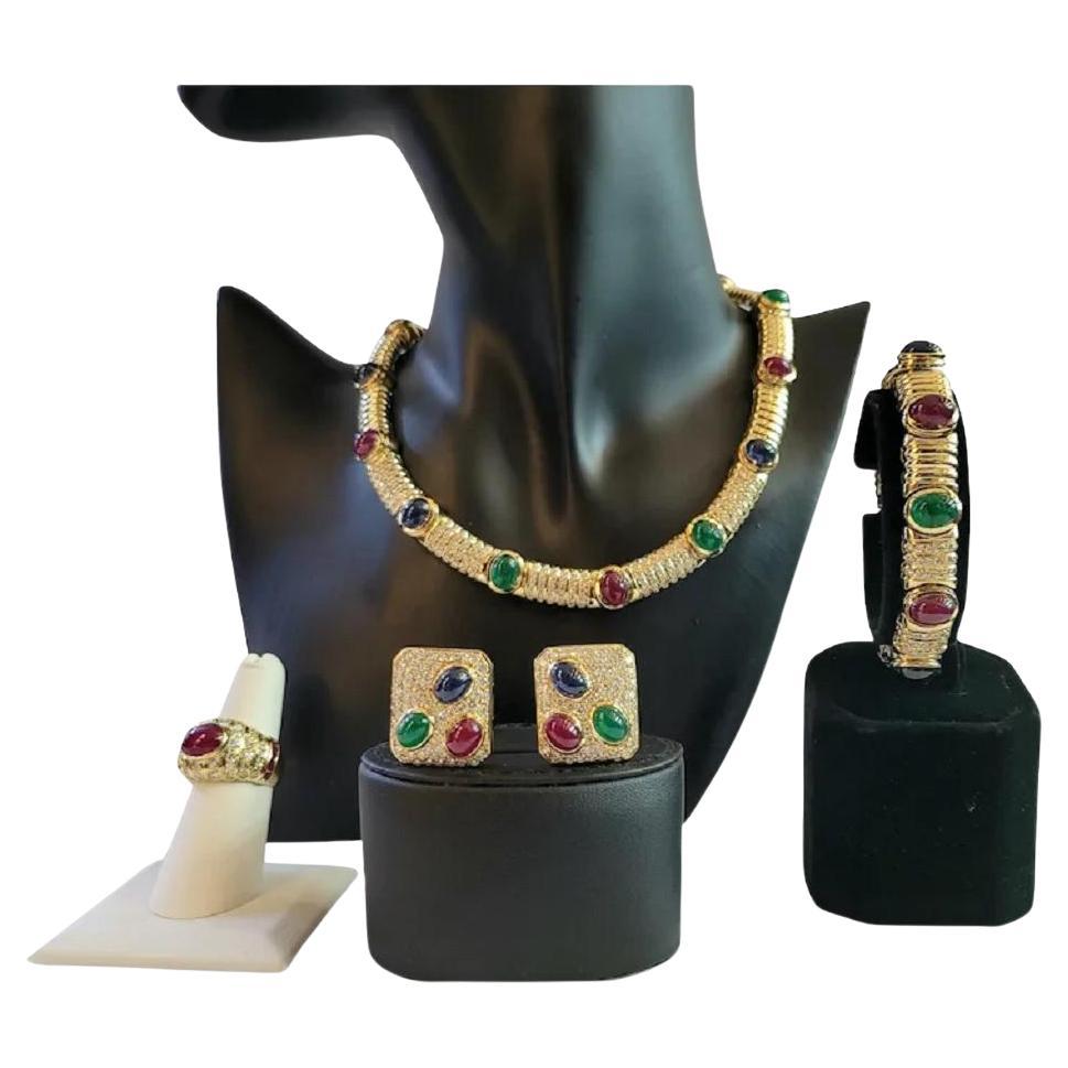 Multi Edelstein Choker Halskette, Ring, Armband, und Ohrring Matching Set in im Angebot