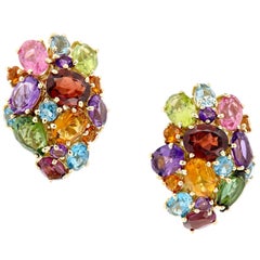 Multi Gemstone Cluster Yellow Gold Earrings