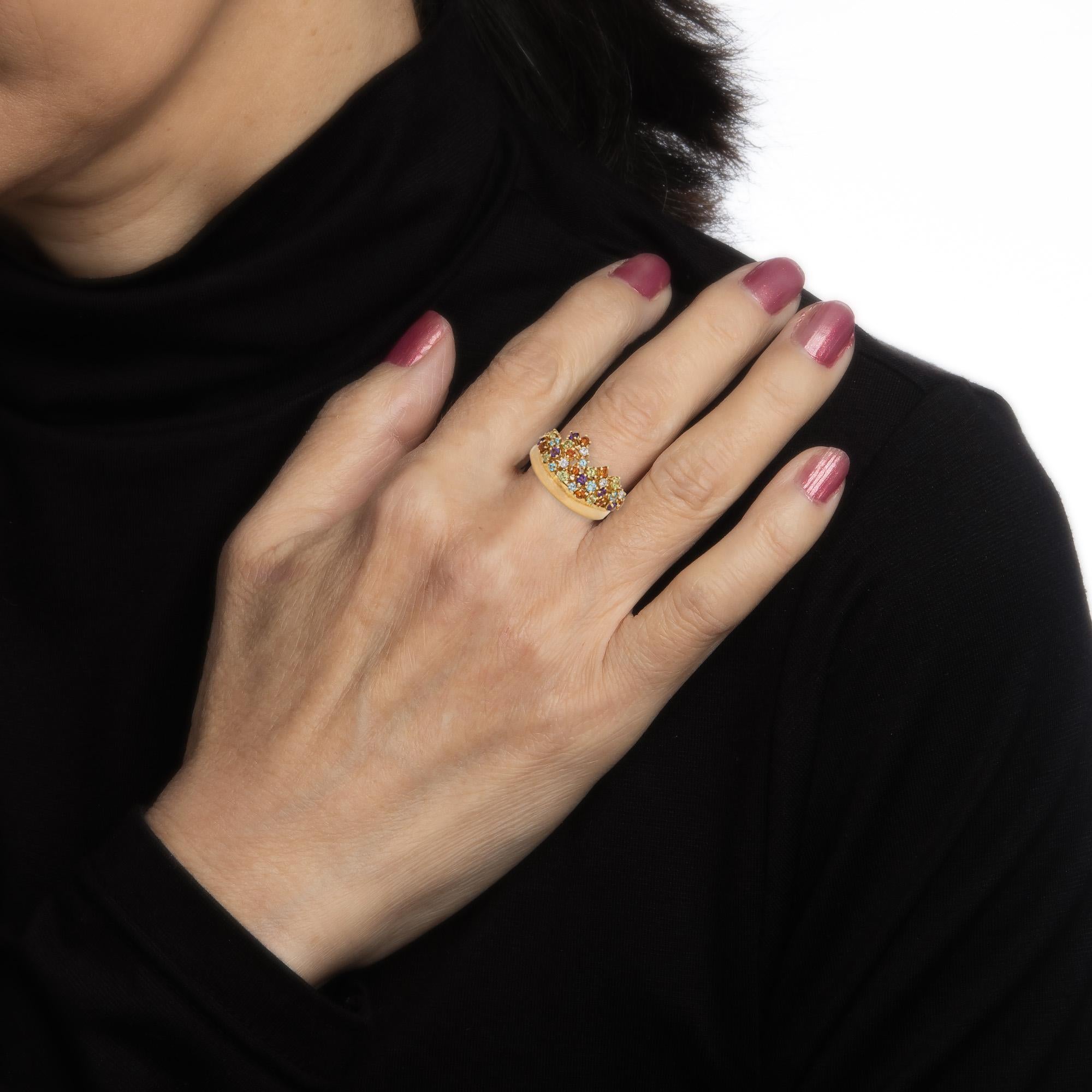 Women's Multi Gemstone Confetti Ring Estate 18k Yellow Gold Band Fine Jewelry For Sale