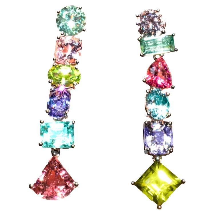 Multi Gemstone Dangle Earrings in 18k For Sale