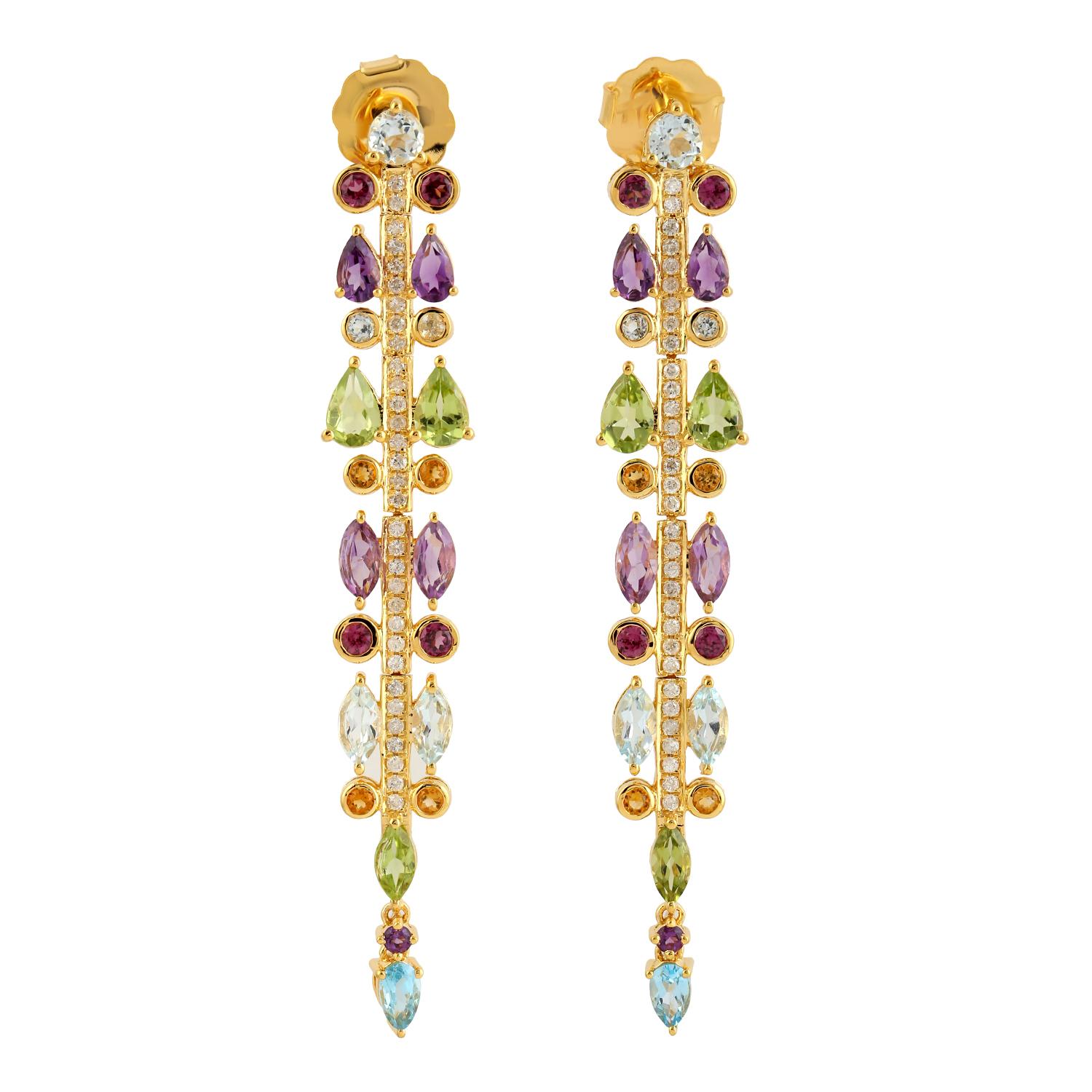 Mehrsteinige Ohrhänger mit Diamanten aus 18 Karat Gelbgold mit Diamanten (Gemischter Schliff) im Angebot