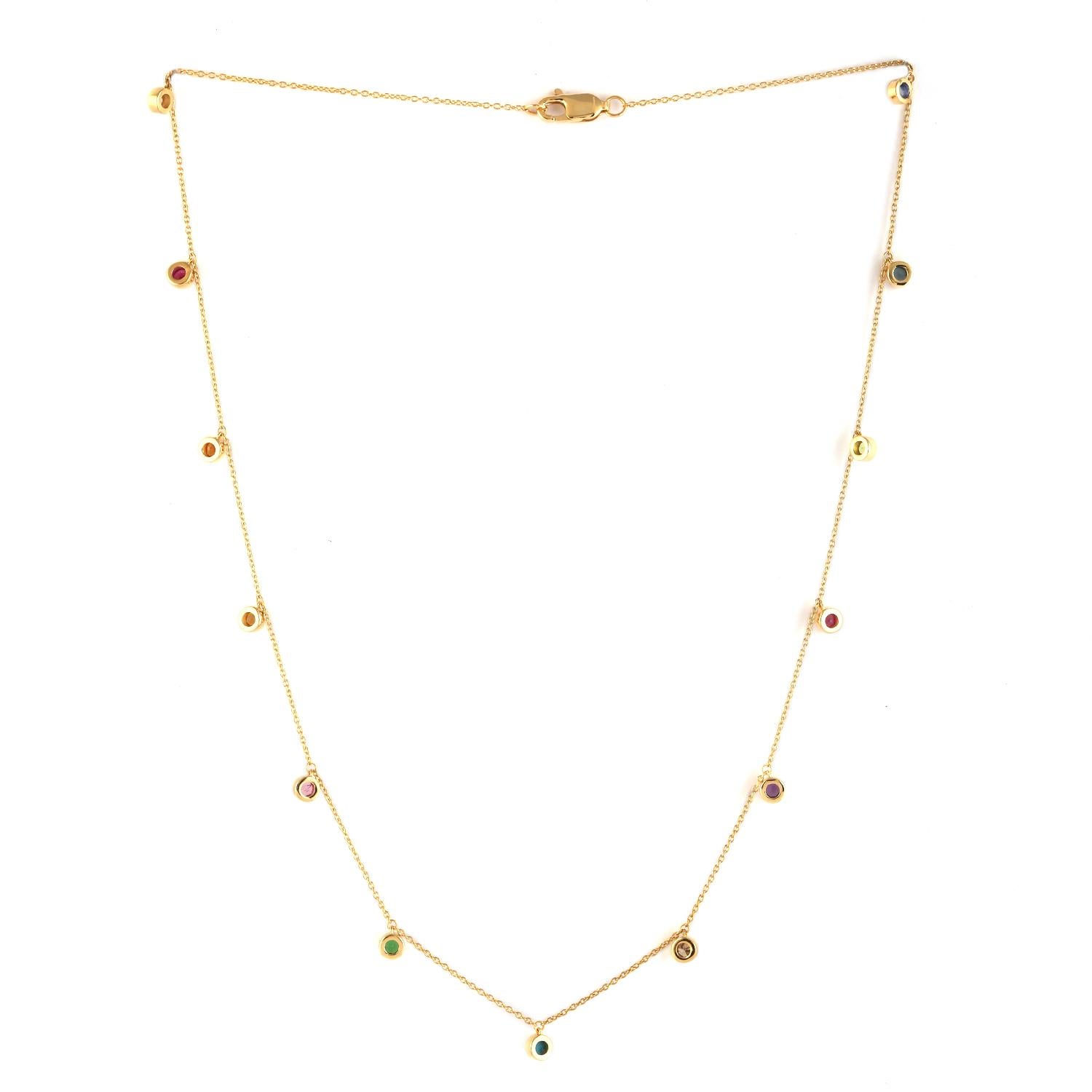 Taille mixte Collier en or jaune 18k avec chaîne délicate et pierres multiples en vente