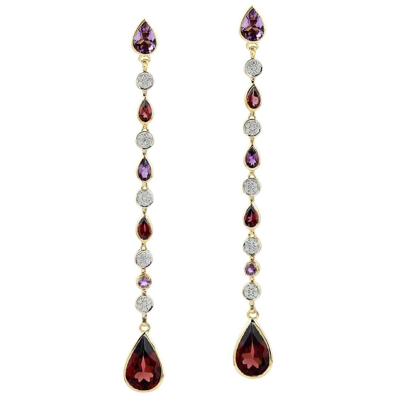 Multi Gemstone Diamond 18 Karat Gold Linear Earrings For Sale