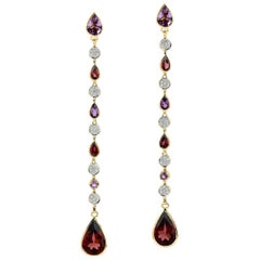 Boucles d'oreilles linéaires en or 18 carats avec multi-gemmes et diamants