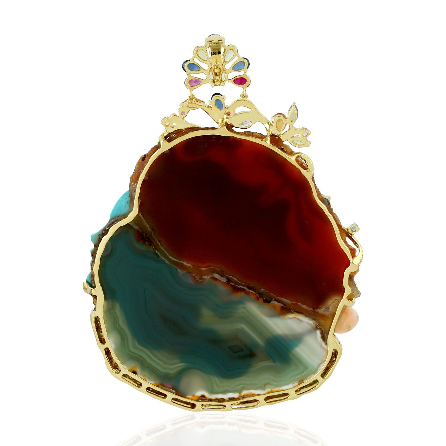 Cast in 18 Karat gold, this beautiful pendant features 196.39 carats of carved multi gemstone, 5.24 carats sapphire, .79 carats ruby & 2.0 carats of sparkling diamonds.  

FOLLOW  MEGHNA JEWELS storefront to view the latest collection & exclusive