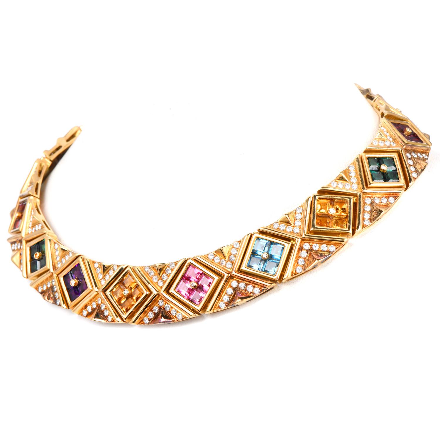 Captivating 1980s multi-gemstone choker necklace. Crafted with precision, each square link is beautifully set with square step-cut gemstones including amethyst, sun-kissed citrine, serene topaz, and tourmaline.

These 68 colored stones, totaling an