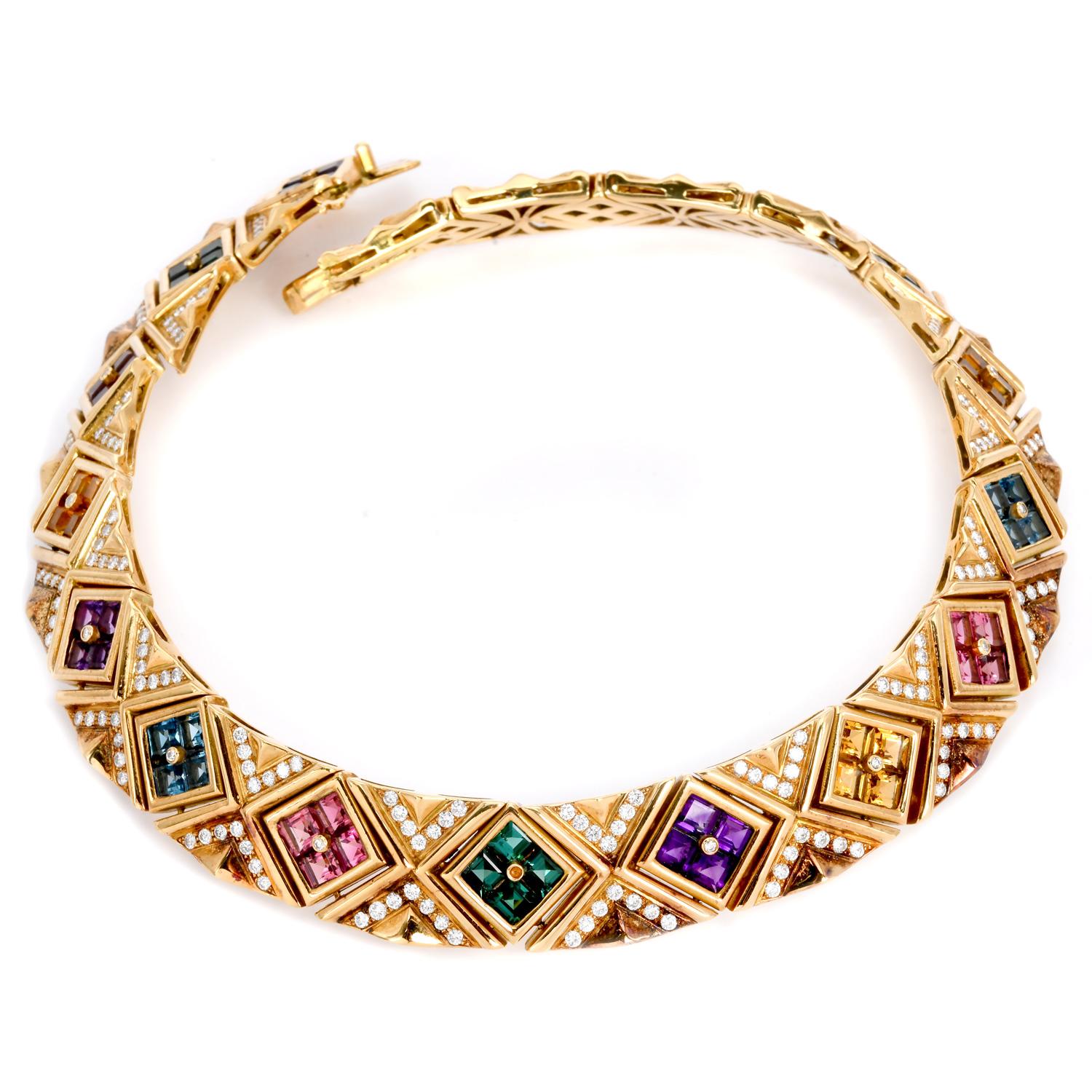 Round Cut 1980s  27.20cts Gemstone 9cts Diamond 18K Gold Statement Choker Necklace For Sale