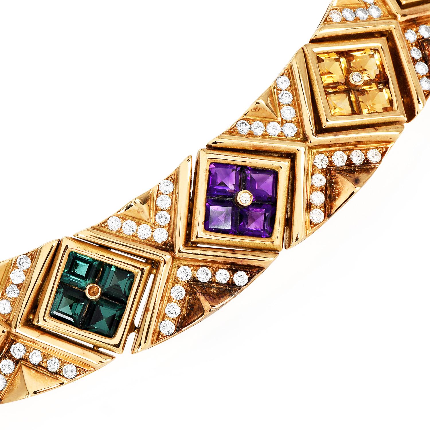 1980s  27.20cts Gemstone 9cts Diamond 18K Gold Statement Choker Necklace In Excellent Condition For Sale In Miami, FL