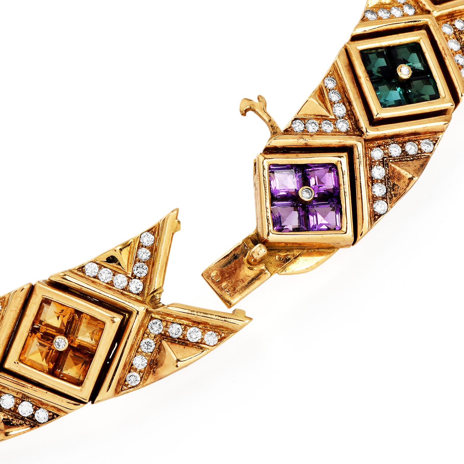 Women's Multi Gemstone Diamond 18K Gold Statement Choker Necklace For Sale