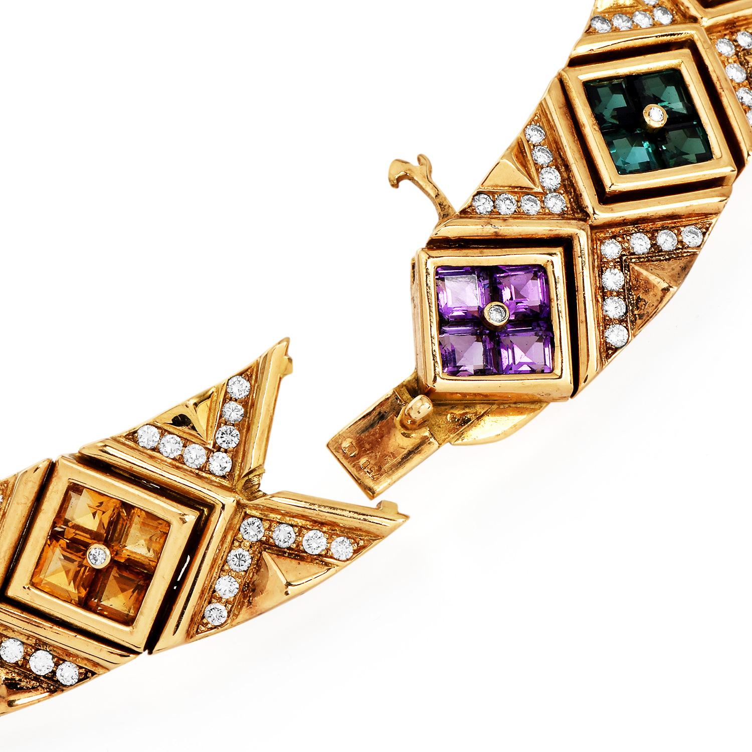 Women's 1980s  27.20cts Gemstone 9cts Diamond 18K Gold Statement Choker Necklace For Sale