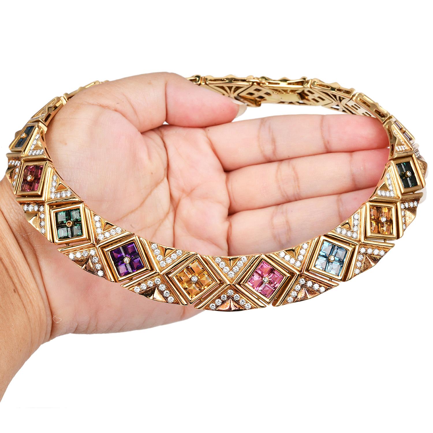 1980s  27.20cts Gemstone 9cts Diamond 18K Gold Statement Choker Necklace For Sale 1