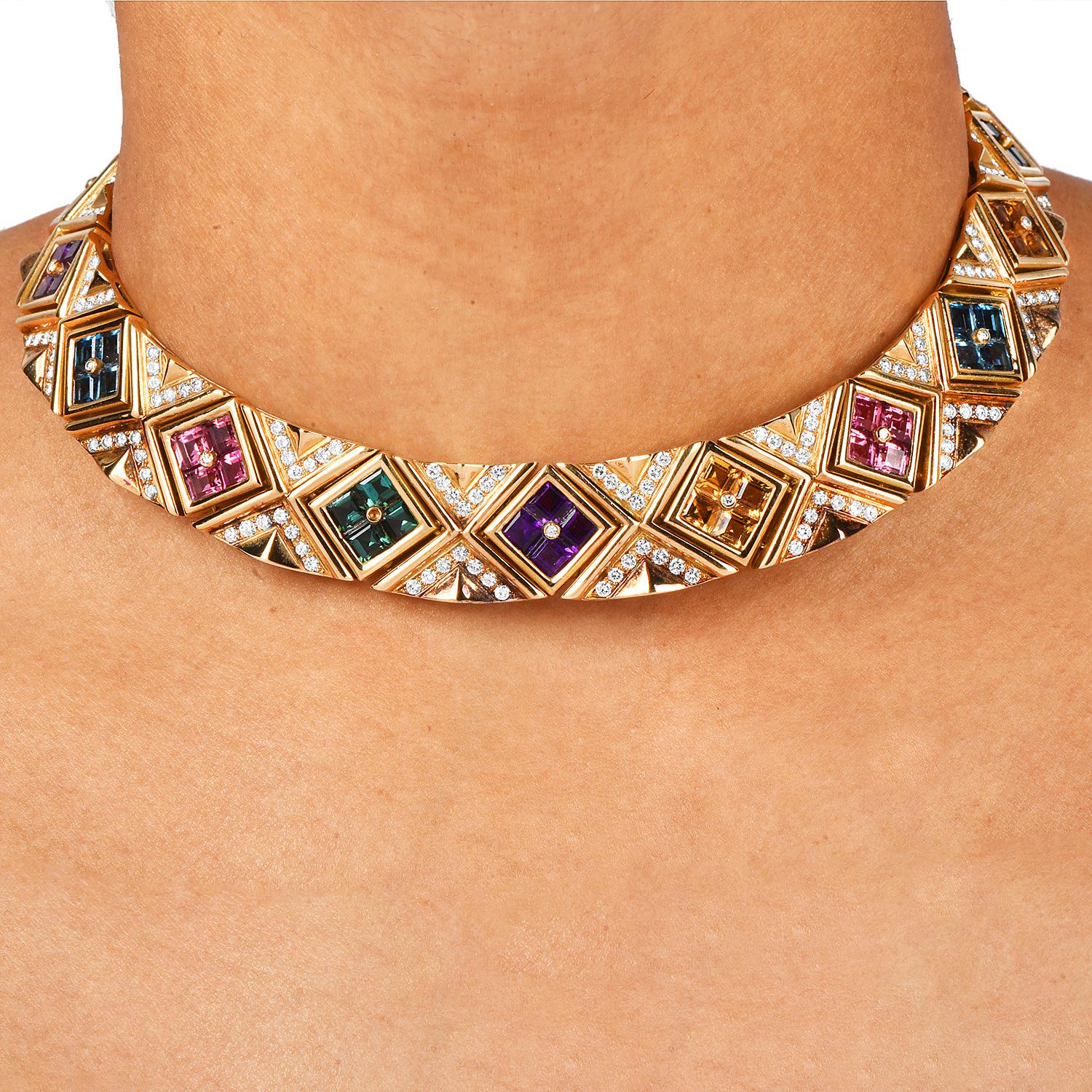 Multi Gemstone Diamond 18K Gold Statement Choker Necklace For Sale 2